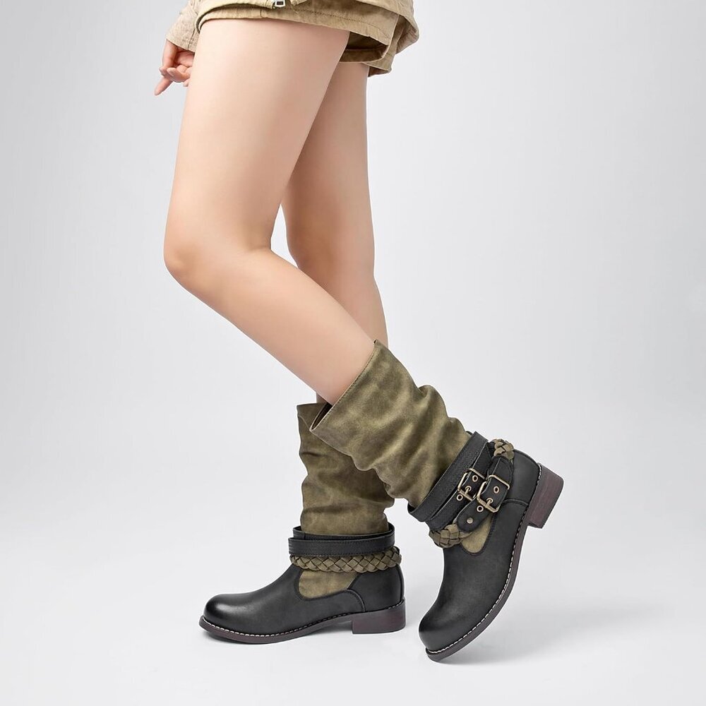 Women's Green SelRoys Mid-Calf Motorcycle Riding Boots Buckle Straps Pull-On - Picture 6 of 7